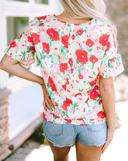 Floral Short Sleeve V Neck Top