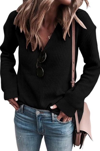 Ribbed Long Sleeve V-Neck Sweater