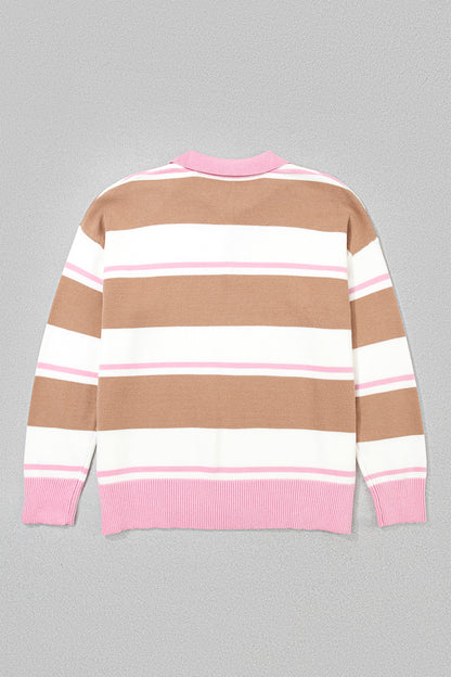 Stripe Colorblock Buttoned Collar Drop Shoulder Sweater