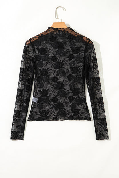 Floral Lace Sheer Mesh Long Sleeve Top