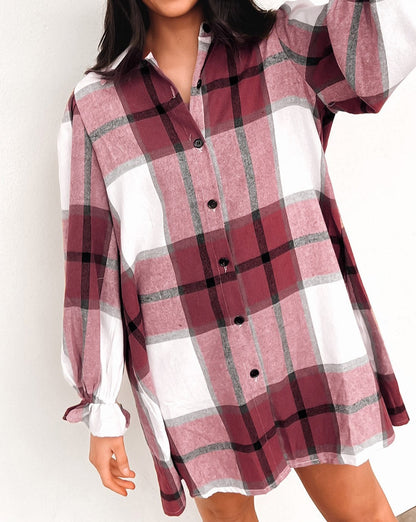 Plaid Puff Sleeve Shirt Dress