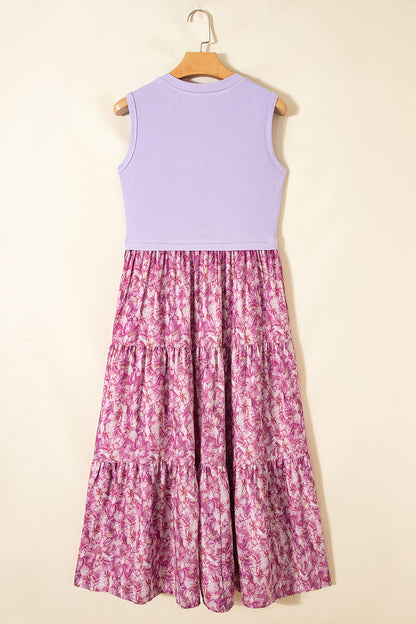 Floral Contrast Patchwork Ribbed V-Neck Tank Dress