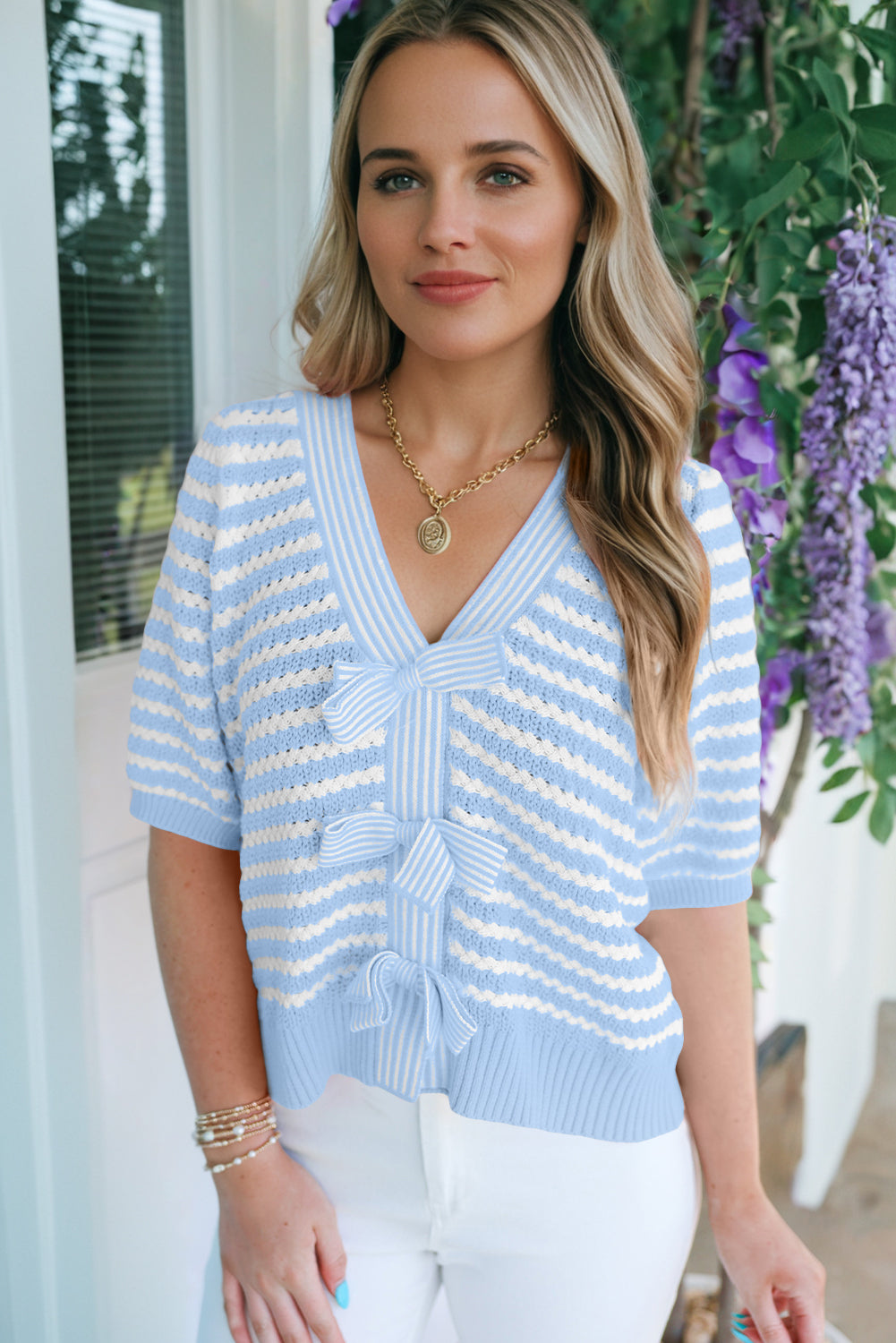 Stripe Bow Tie V-Neck Short Sleeve Sweater