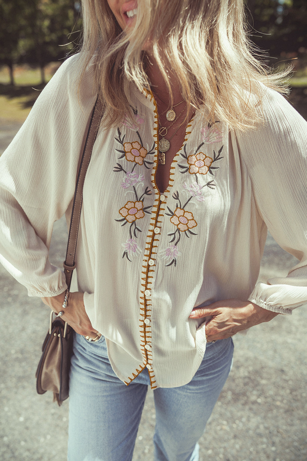 Floral Embroidered Textured Puff Sleeve Shirt