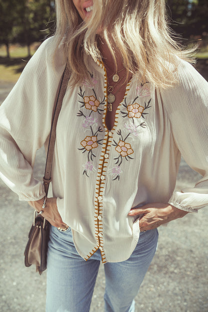 Floral Embroidered Textured Puff Sleeve Shirt