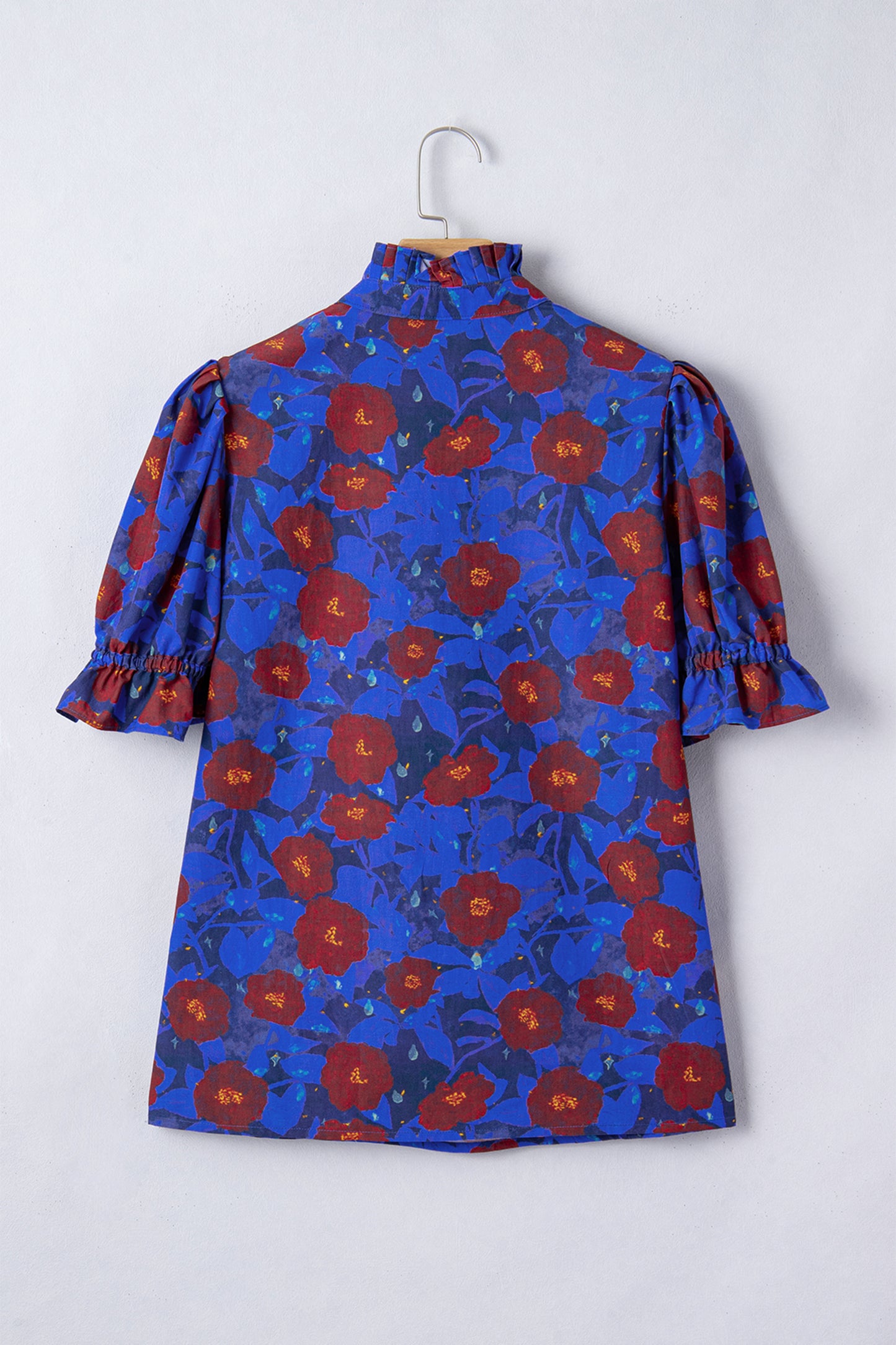 Floral Ruffle Frilled V-Neck Balloon Sleeve Blouse