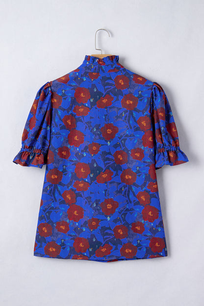 Floral Ruffle Frilled V-Neck Balloon Sleeve Blouse