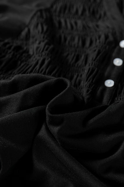 Solid Smocked Split V-Neck Buttoned Blouse