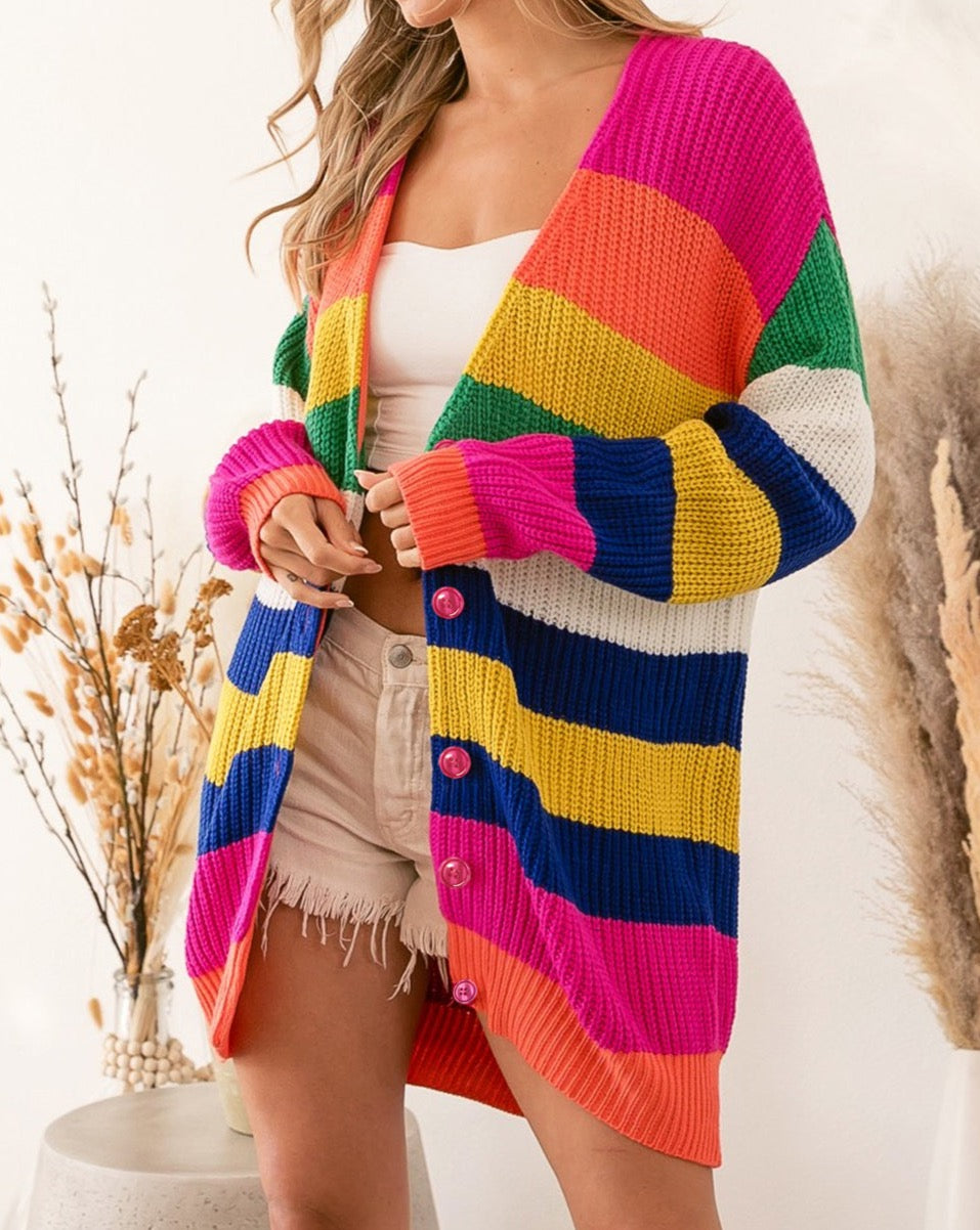 Stripe Buttoned Longline Cardigan