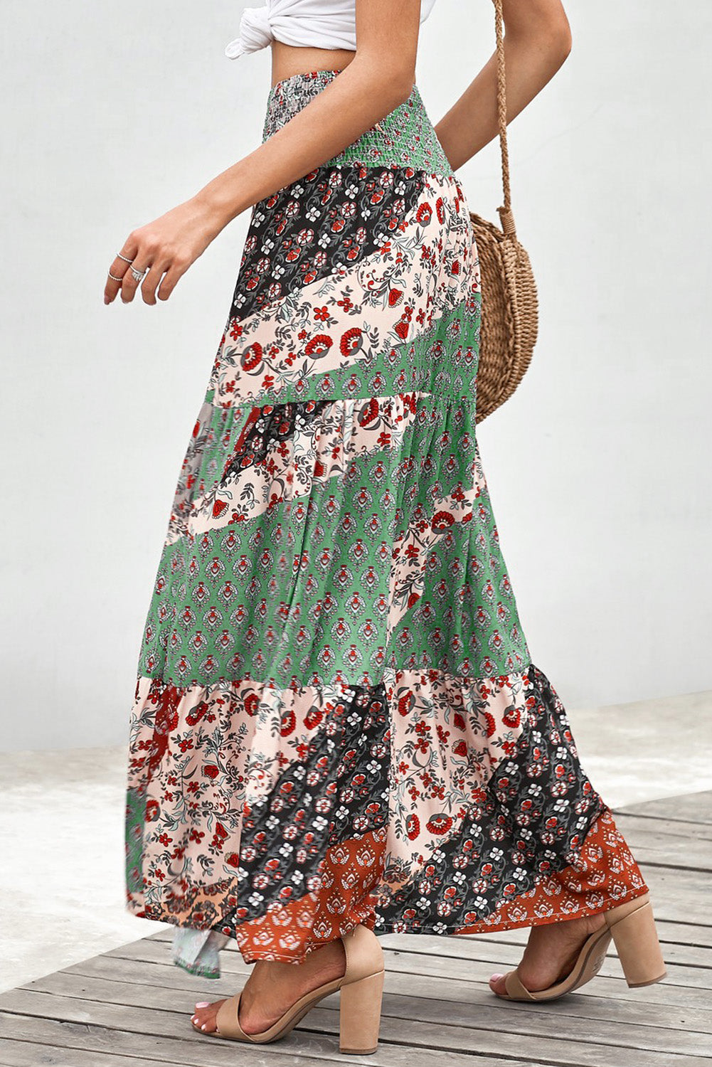 Boho Floral Patchwork Smocked Waist Maxi Skirt