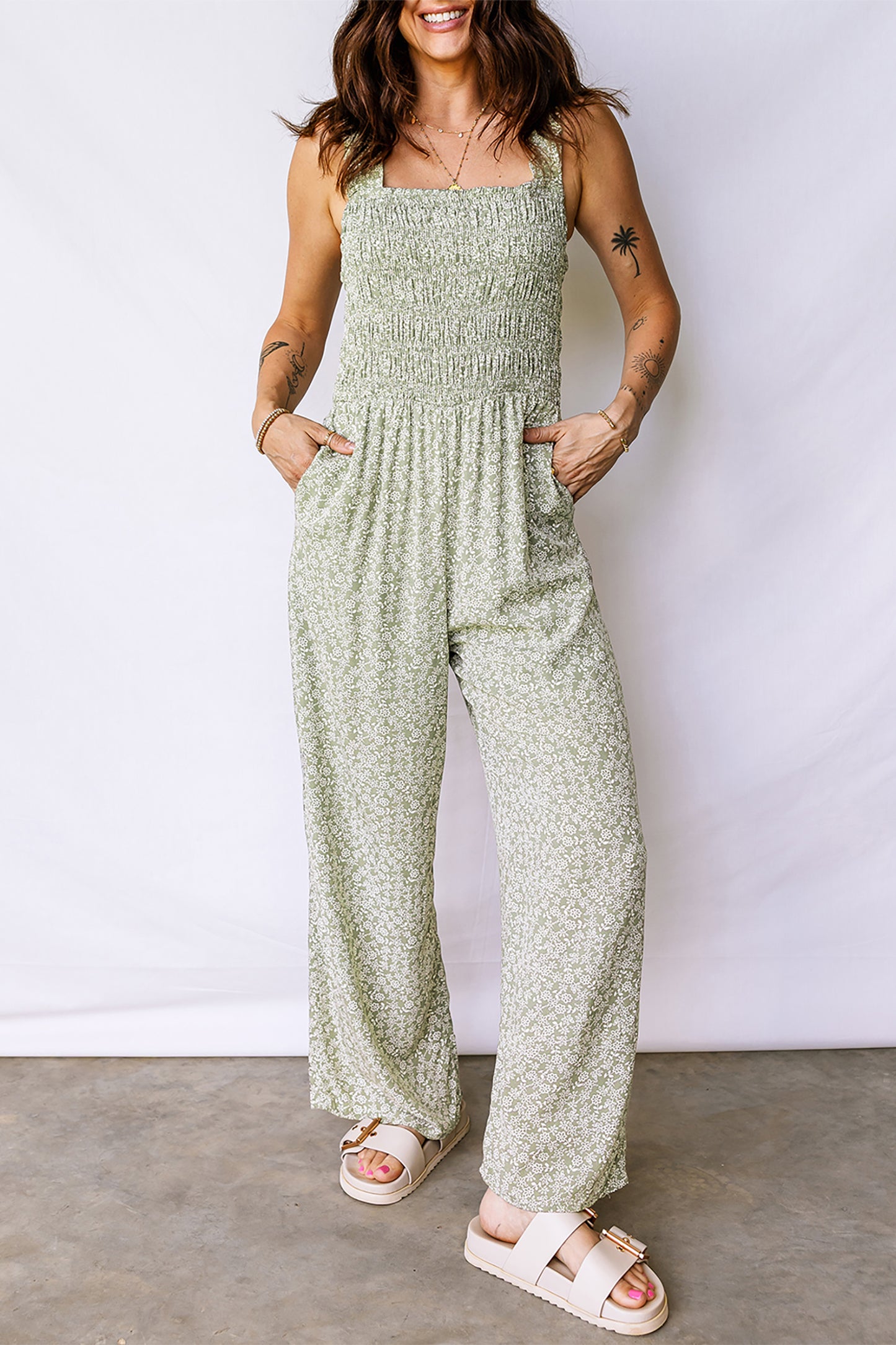 Floral Smocked Square Neck Sleeveless Jumpsuit