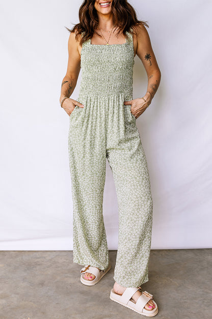Floral Smocked Square Neck Sleeveless Jumpsuit