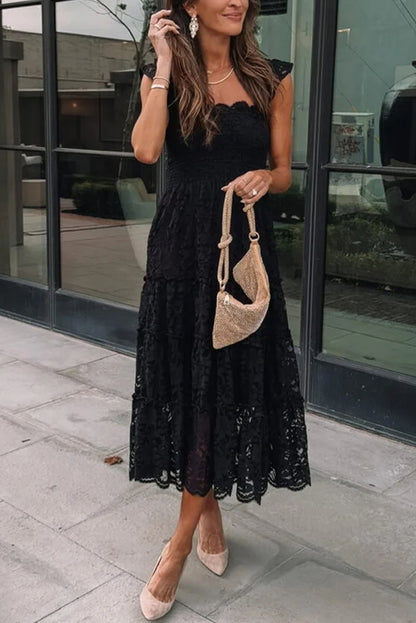 Lace Smocked Ruffle Midi Dress