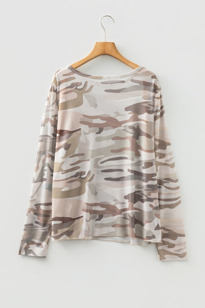 Plus Size Western Camo Mesh Long Sleeve Top