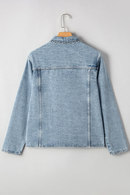 Solid Denim Scallop Collar Patch Pocket Buttoned Jacket