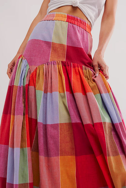 Plaid Ruched High Waist Maxi Skirt