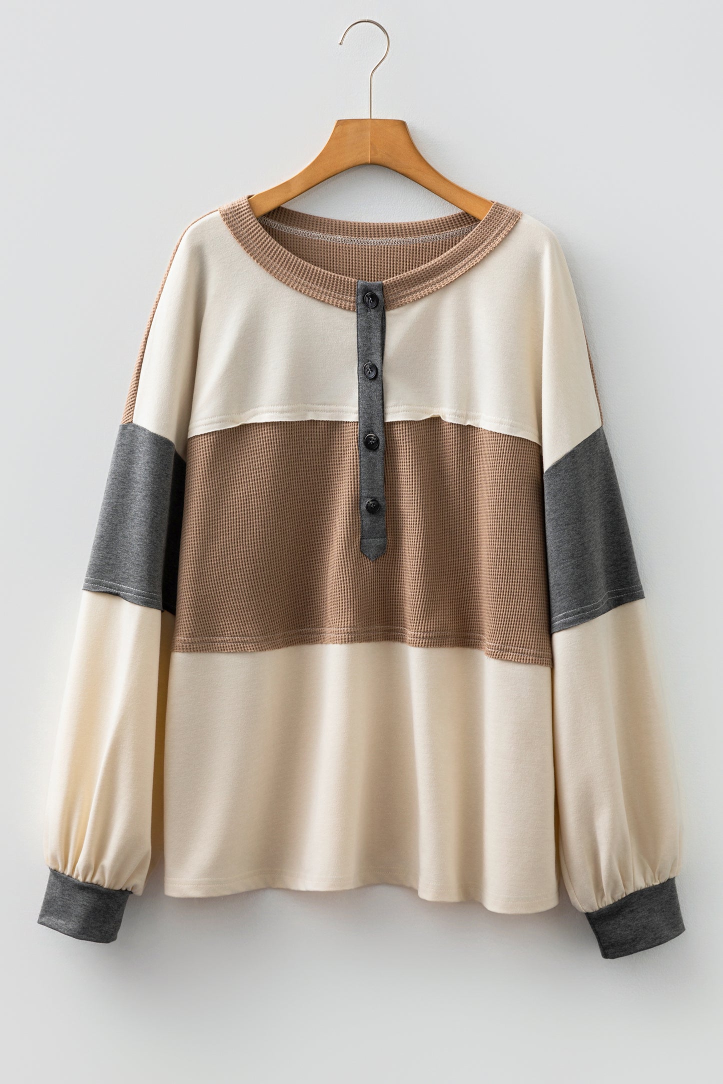 Plus Size Colorblock Waffle Knit Patchwork Half-Button Top