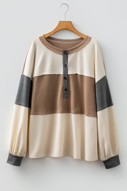 Plus Size Colorblock Waffle Knit Patchwork Half-Button Top
