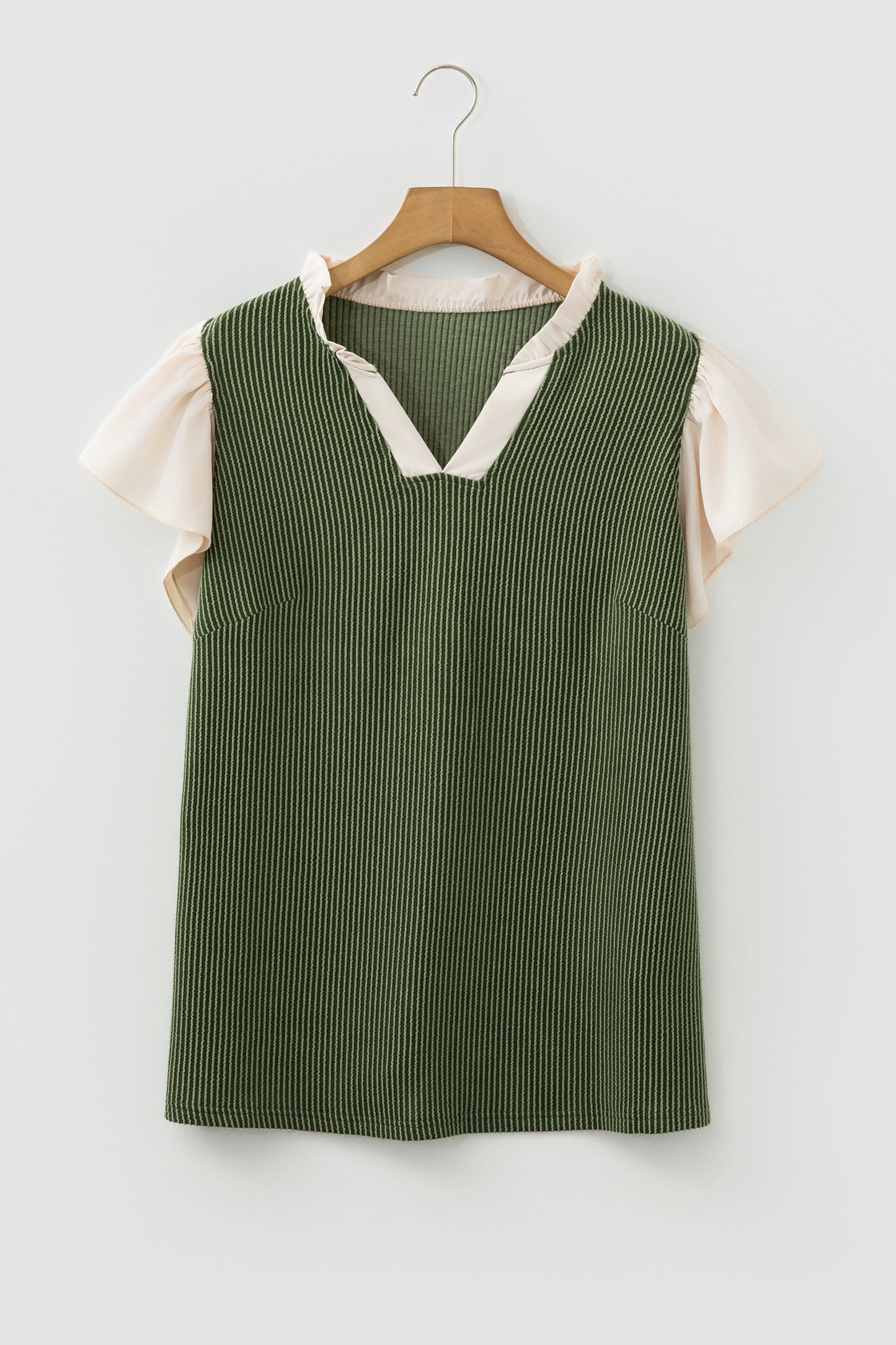 Plus Size Colorblock Corded Knit Ruffle Sleeve Blouse