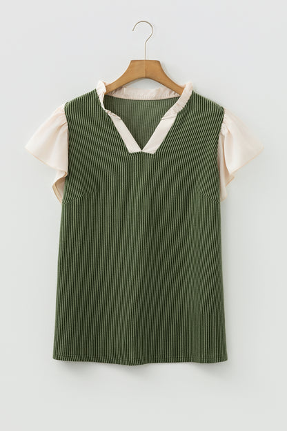 Plus Size Colorblock Corded Knit Ruffle Sleeve Blouse