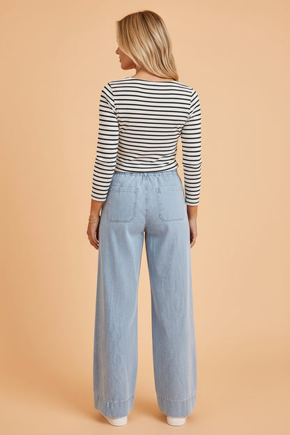 Solid Denim Patch Pocket Straight Leg Jeans