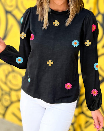 Floral Embroidered Puff Sleeve Blouse