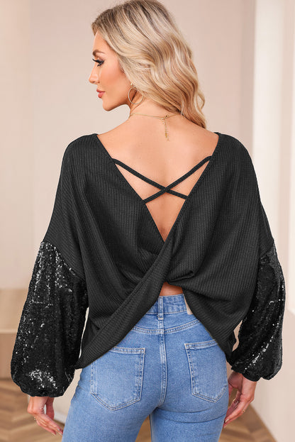 Sequin Patchwork Sleeve Open Back Top