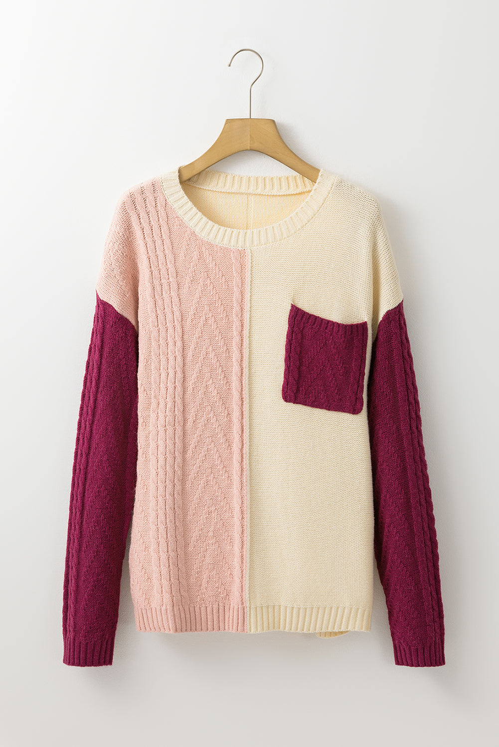 Colorblock Cable Patch Pocket Sweater