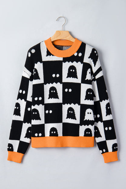 Halloween Ghost Checker High Neck Drop Shoulder Sweater