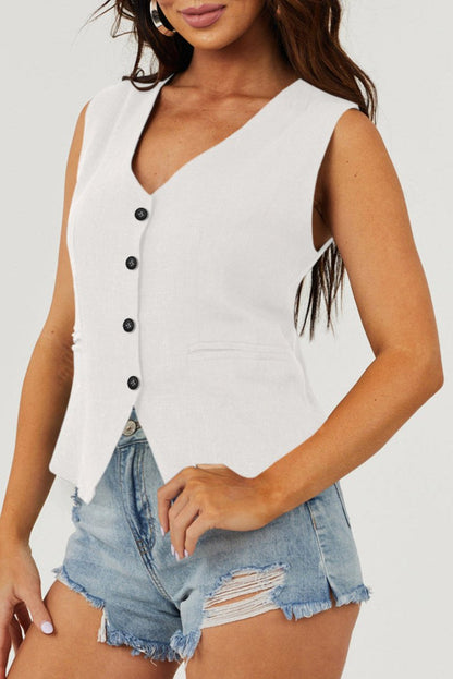 Solid V-Neck Button-up Vest