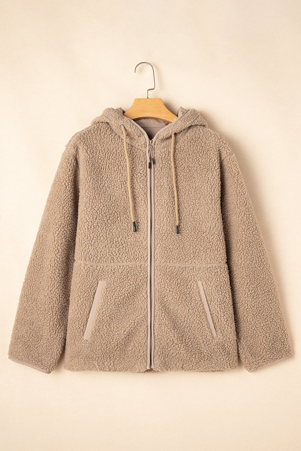 Solid Fleece Zip-Up Drawstring Pocketed Hooded Jacket