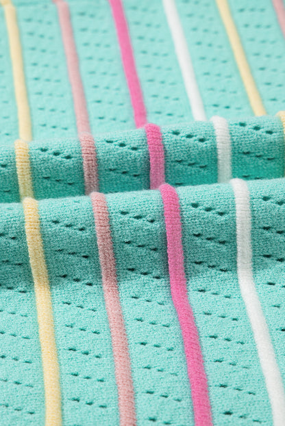 Stripe Eyelet Knit Ruffle Sleeve Sweater