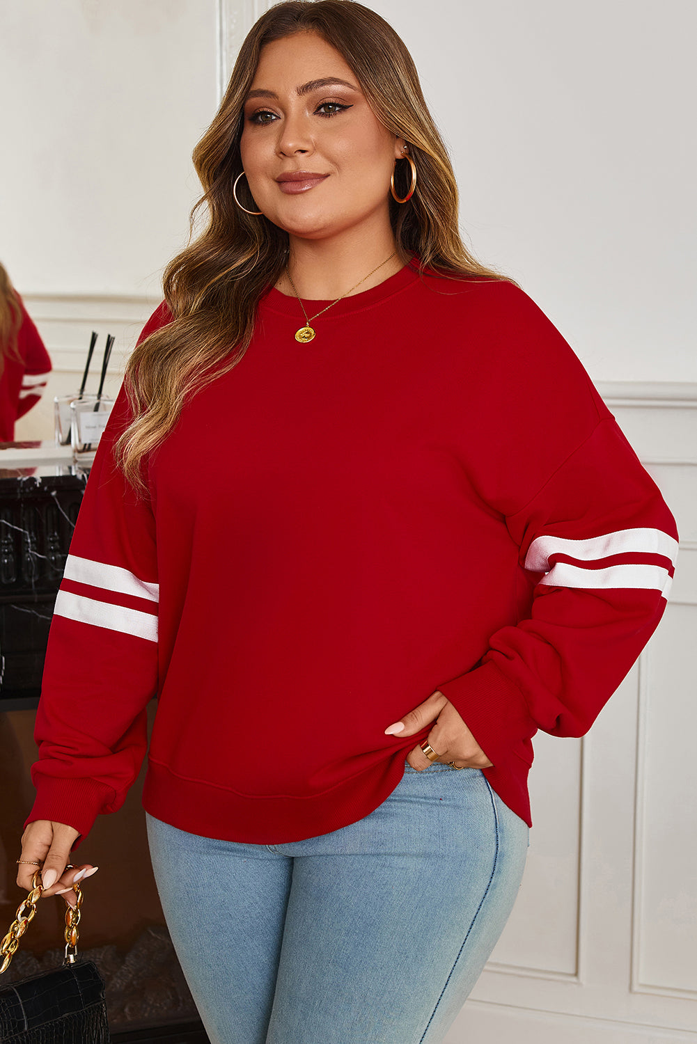 Plus Size Varsity Stripe Crew Neck Sweatshirt
