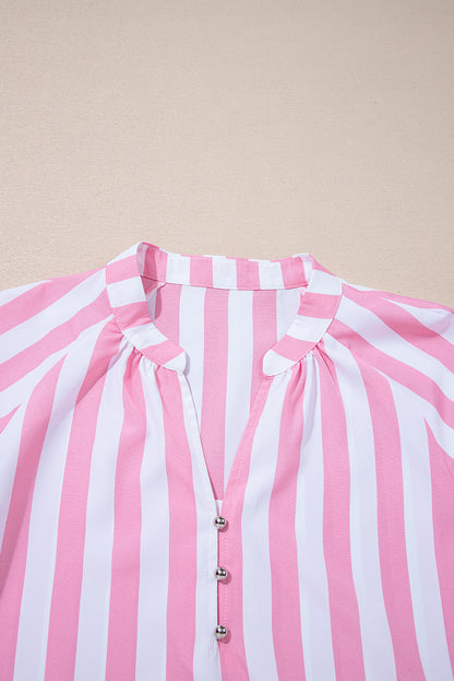 Stripe Puff Sleeve Buttoned V-Neck Blouse