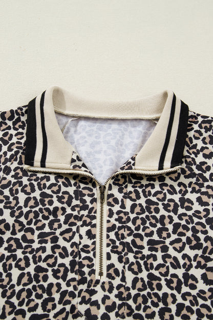 Leopard Stripe Patchwork Zip Collar Mini Dress