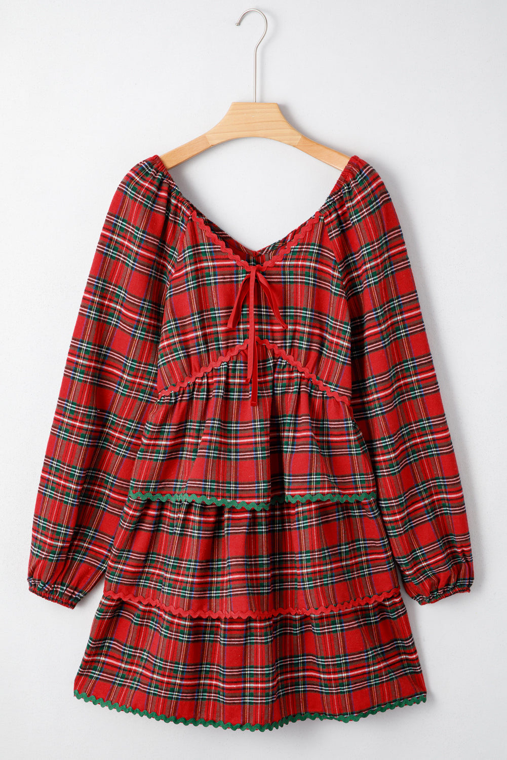 Plaid Ricrac Trim Long Sleeve Tiered Mini Dress