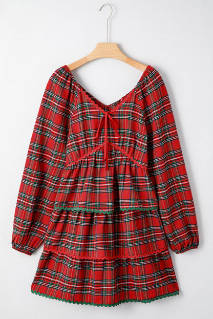 Plaid Ricrac Trim Long Sleeve Tiered Mini Dress