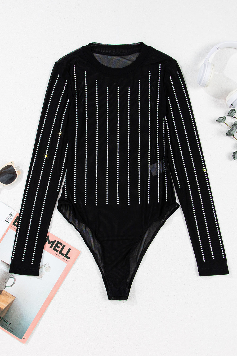 Rhinestone Mesh Long Sleeve Bodysuit