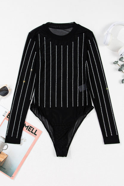 Rhinestone Mesh Long Sleeve Bodysuit