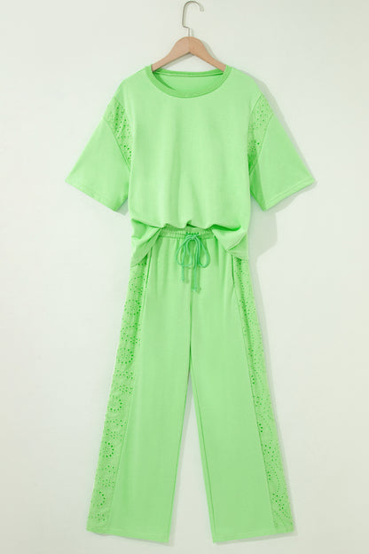 Solid Embroidered Eyelet Patchwork Top & Pants Set