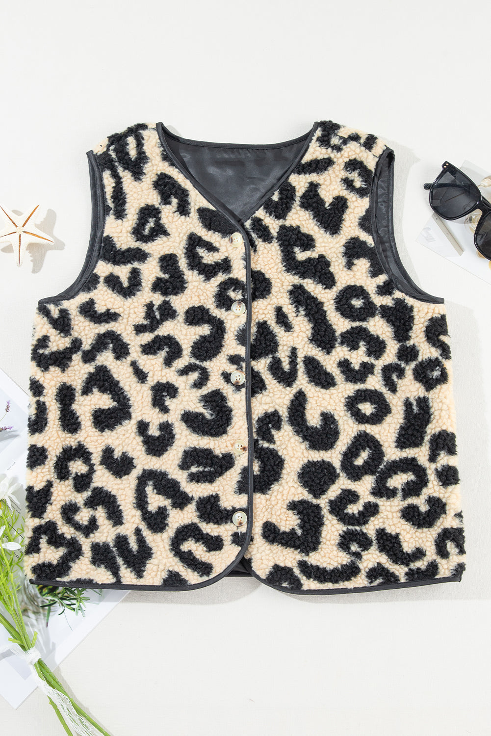 Leopard Sherpa Buttoned Vest Coat