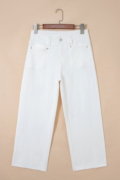 Solid Raw Hem Cropped Straight Leg Jeans