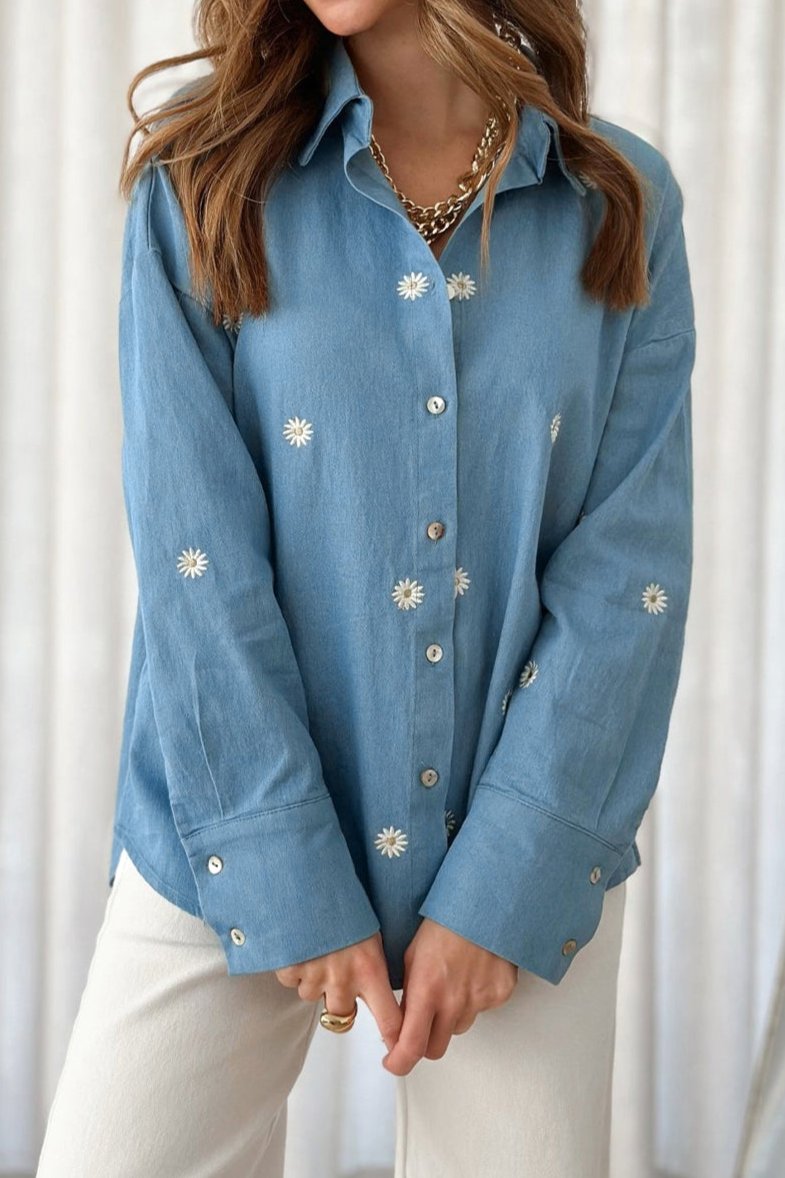 Floral Embroidered Buttoned Tunic Shirt