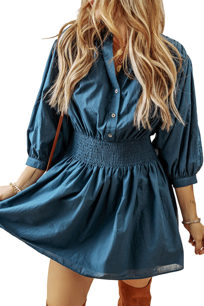 Solid 3/4 Sleeve High Waist Mini Dress