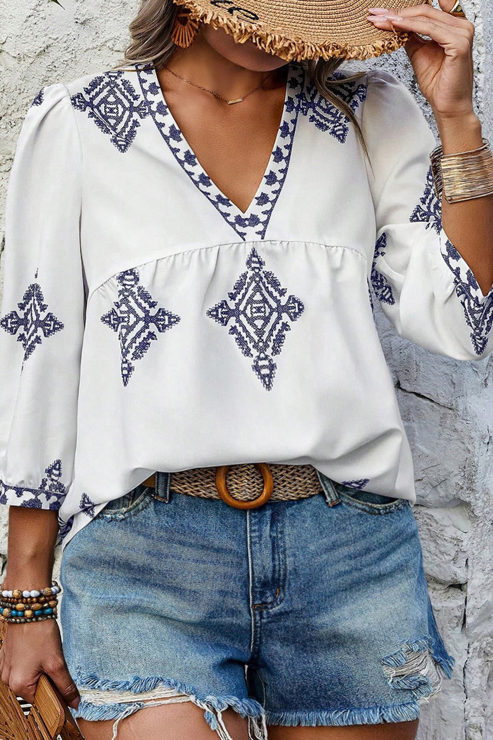 Boho Geometric 3/4 Sleeve Blouse Plus Size