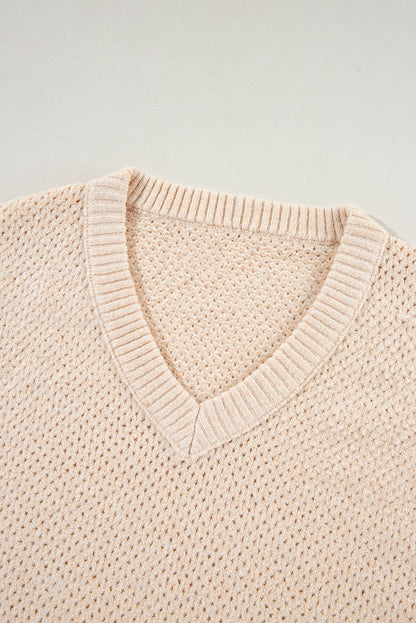 Solid Eyelet V-Neck Drop Shoulder Sweater