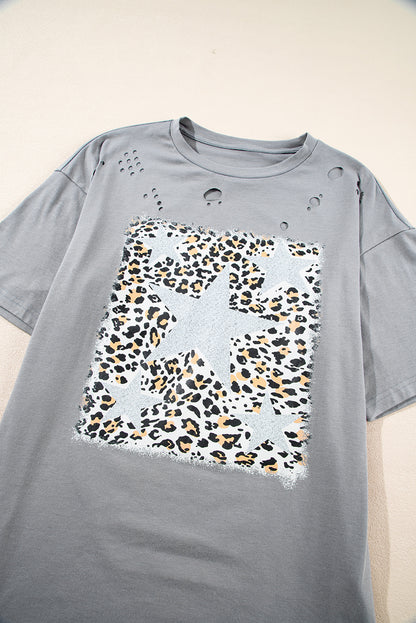 Medium Grey Stars Leopard Graphic Distressed Tee