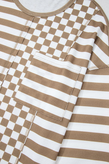 Checker Stripe Patchwork Pocketed Blouse