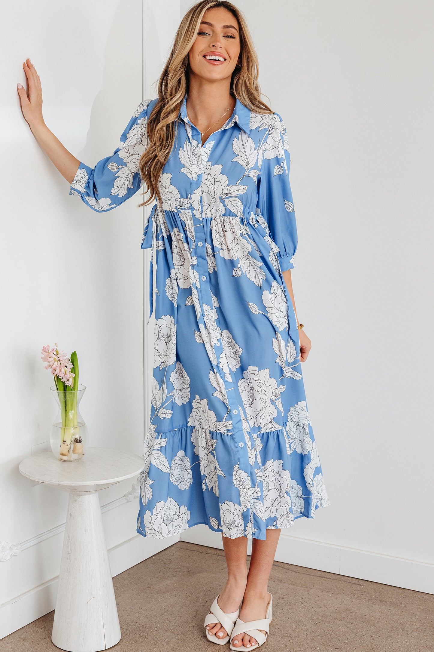 Floral Button-Front 3/4 Sleeve Ruffle Hem Dress