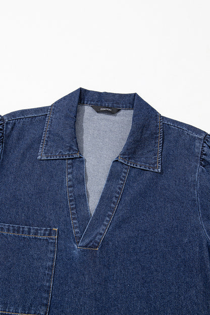 Denim Collared V-Neck Chest Pocket Dress